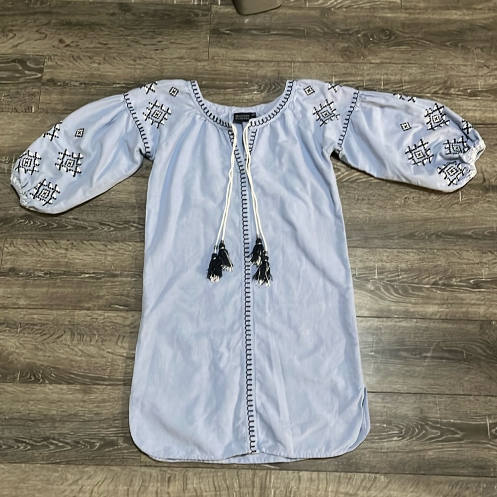 Embroidered Light Blue Peasant Dress with Tassel Tie